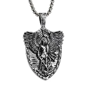 Colgante de escudo del Árcangel Miguel de acero inoxidable.